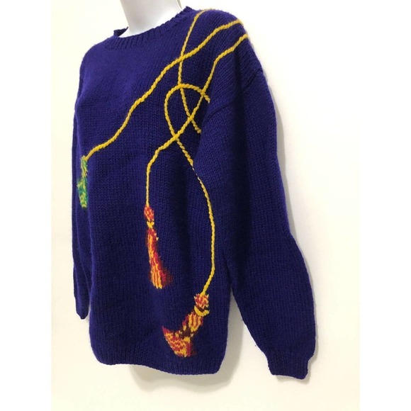 Nordstrom Individualist Sportswear Blue Wool Knit Sweater Tassel Vintage 80s M - Picture 5 of 12
